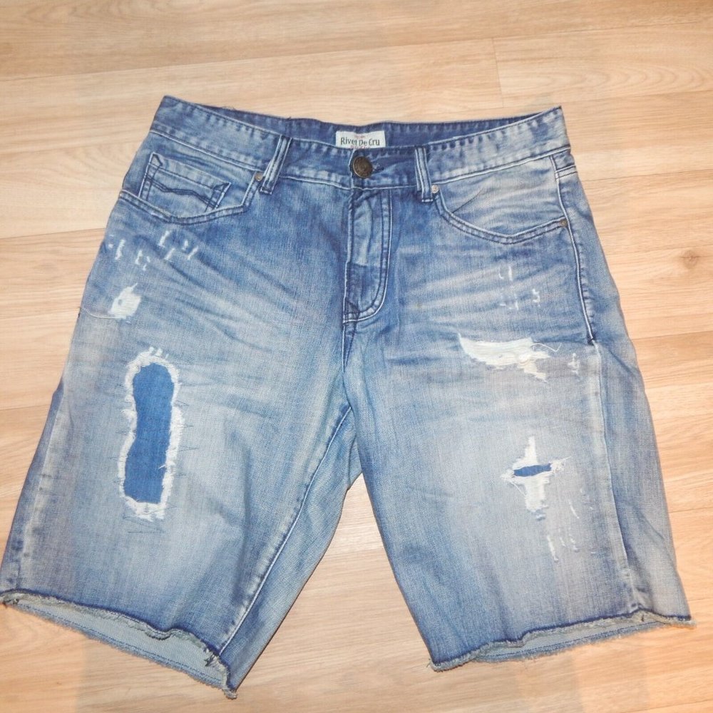 Rivet De Cru Mens 36W Thomas 5 Pkt Cut Short Medium Wash Distressed Denim Jeans